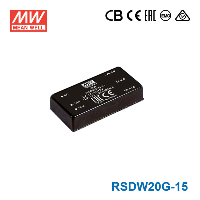 Mean Well RSDW20G-15 DC-DC Converter - 20W - 18~75V in 15V out