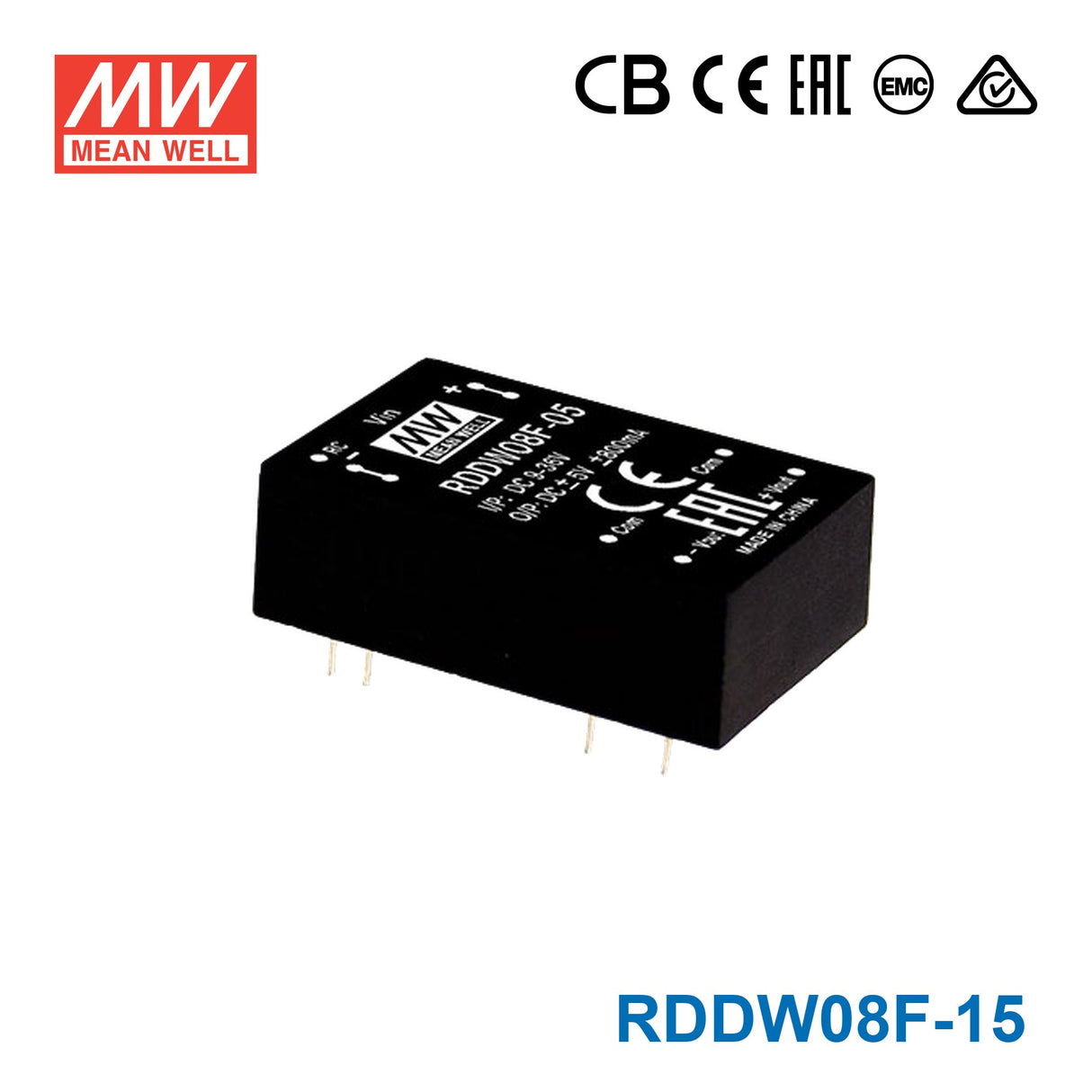 Mean Well RDDW08F-15 DC-DC Converter - 8W - 3~36V in ±15V out 256mA
