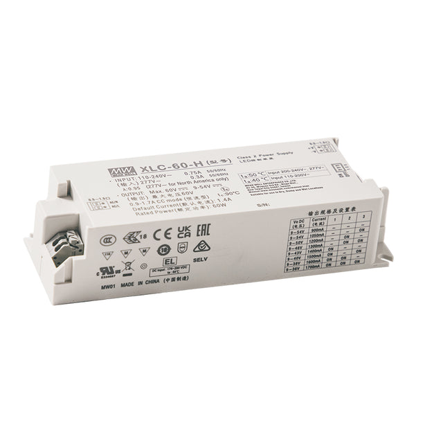 Mean Well XLC-60-H-DA2 LED Driver 60W 1400mA 9~54V Constant Power, DALI2 + Push Dimming, Current Setting by Dip Switch