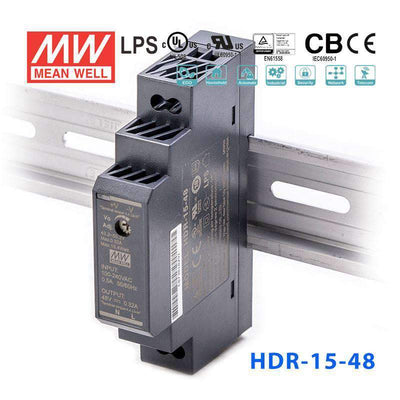 Mean Well HDR-15-48 Ultra Slim Step Shape Power Supply 15W 48V 0.32A - DIN Rail