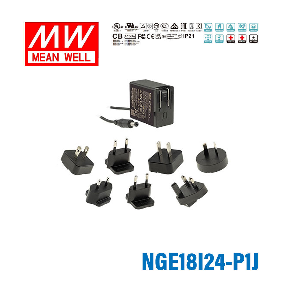 Mean Well NGE18I24-P1J AC-DC Wall-mounted Green Adaptor - Interchangeable Plug - 18W 24V 0.75A