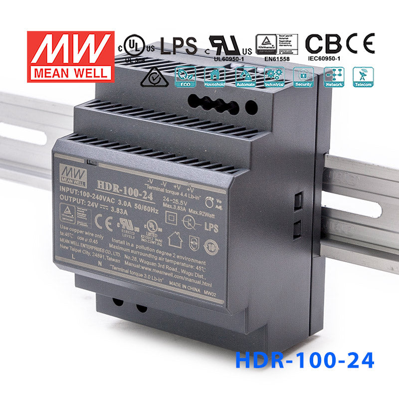 Mean Well HDR-100-24 Ultra Slim Step Shape Power Supply 100W 24V 3.83A - DIN Rail