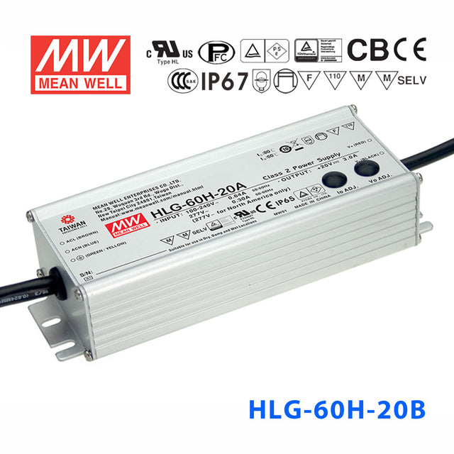 Mean Well HLG-60H-20AB Power Supply 60W 20V - Adjustable and Dimmable