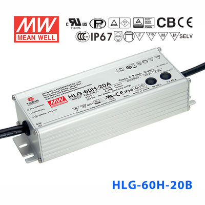 Mean Well HLG-60H-20AB Power Supply 60W 20V - Adjustable and Dimmable 3A
