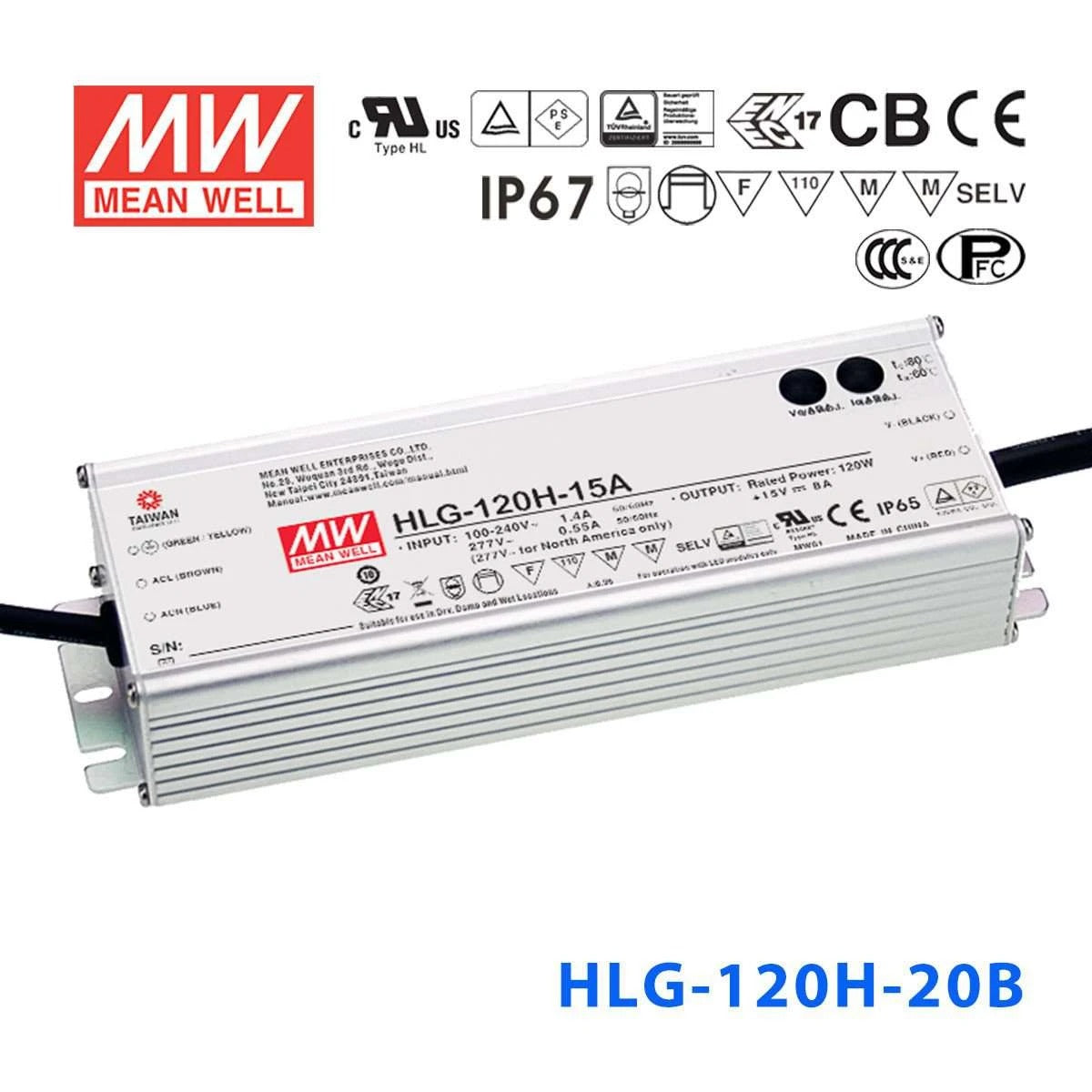 Mean Well HLG-120H-20B Power Supply 120W 20V- Dimmable