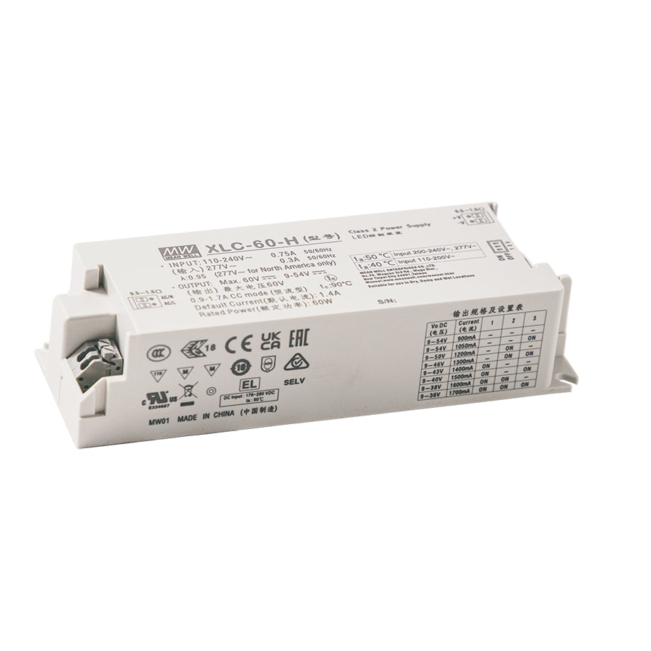 Mean Well XLC-60-H-BN LED Driver 60W 1400mA 9~54V Constant Power, 3 in 1 Dimming, NFC Current Setting