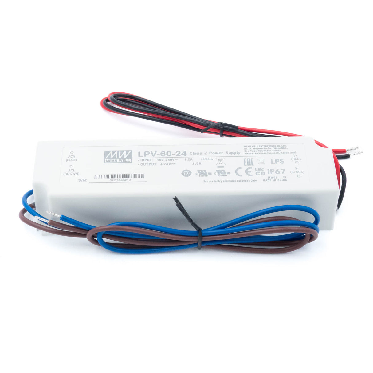 Mean Well LPV-60-24 LED Driver — 60W 24V 2.5A IP67 Waterproof - PHOTO 1