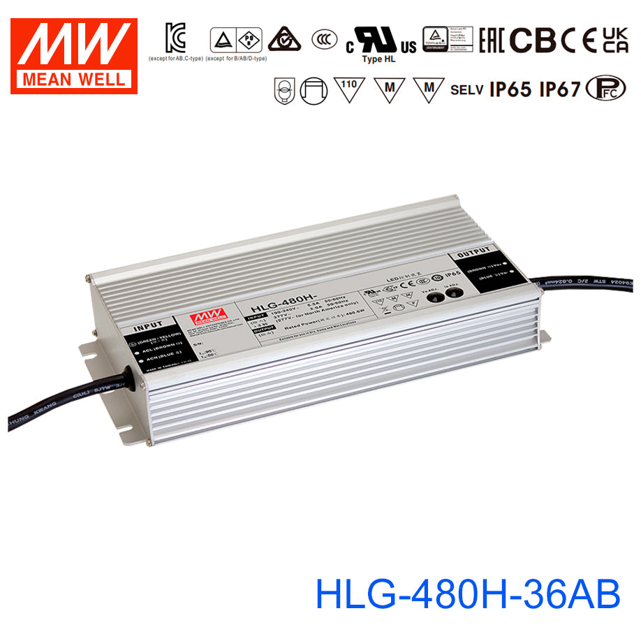 Mean Well HLG-480H-36AB Power Supply 480W 36V - Adjustable and Dimmable 13.3A