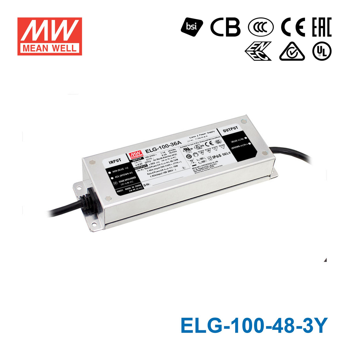 Mean Well ELG-100-48-3Y Power Supply 96W 48V 2A — 3-Wire Input (with Earth)