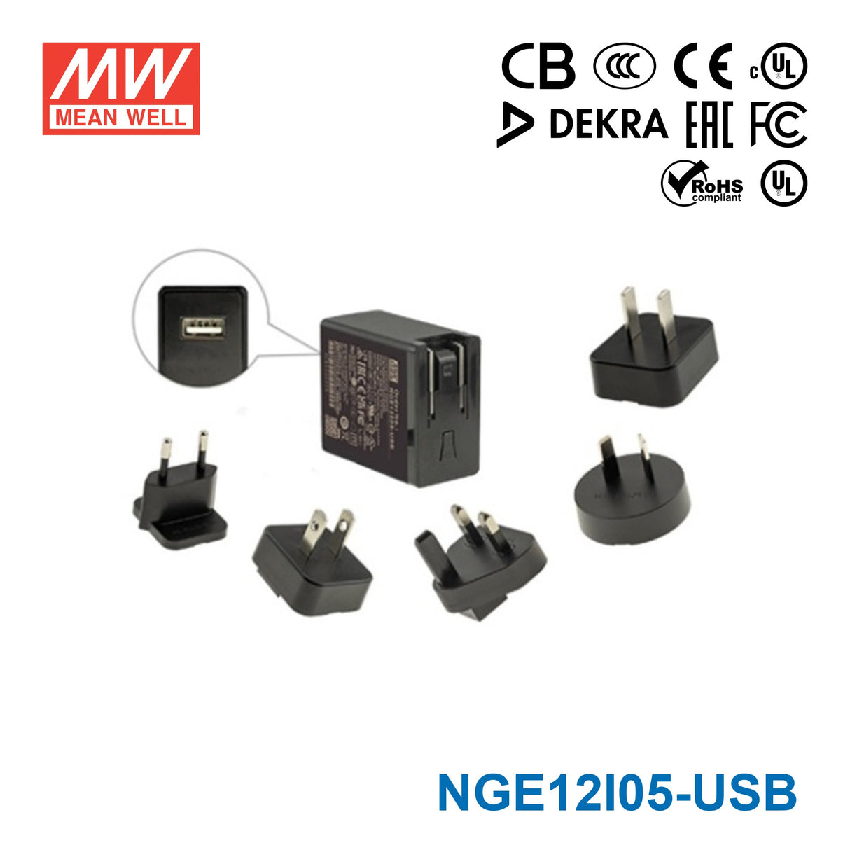 Mean Well NGE12I05-USB AC-DC Wall-mounted Green Adaptor - Interchangeable Plug - 12W 5V 2.4A  - USB Output