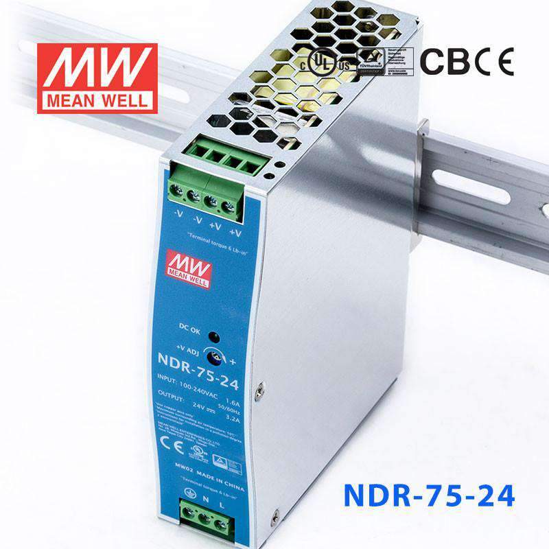 Mean Well NDR-75-24 Single Output Industrial Power Supply 75W 24V - DIN Rail