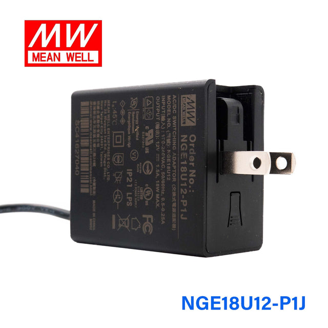 Mean Well NGE18U12-P1J AC-DC Wall-mounted Green Adaptor - US Plug - 18W 12V 1.5A