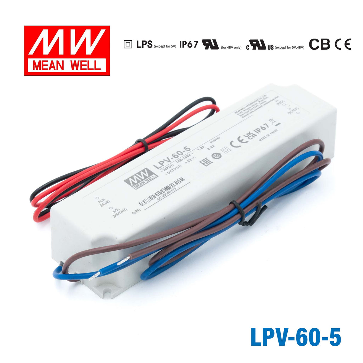 Mean Well LPV-60-5 LED Driver — 40W 5V 8A IP67 Waterproof