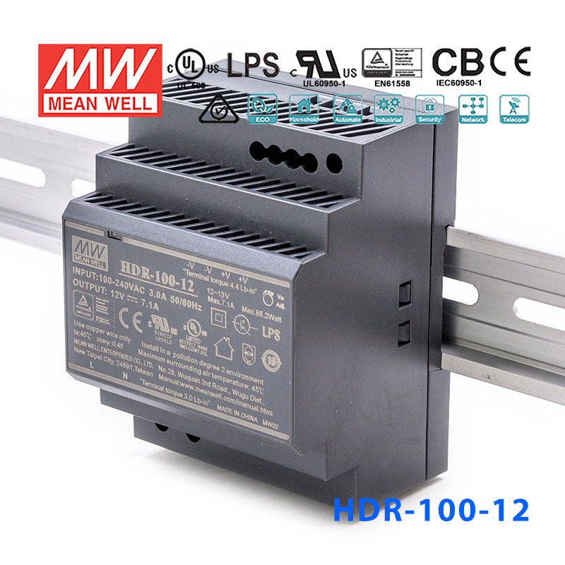 Mean Well HDR-100-12 Ultra Slim Step Shape Power Supply 100W 12V 7.1A - DIN Rail