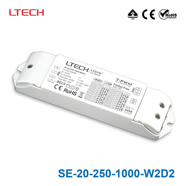 LTECH SE-20-250-1000-W2D2 20W  250mA ~ 1000mA CC DALI2 LED Driver - Tunable White