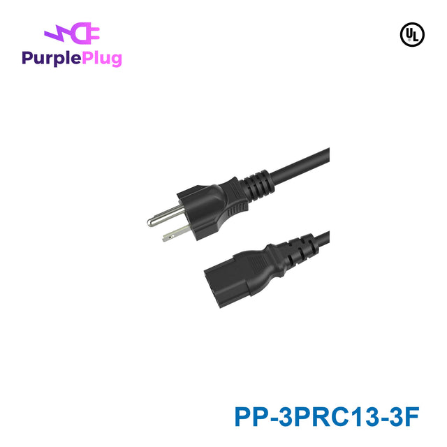 Purple Plug 3 Prong NEMA 5-15P to C13 Power Cord - 3FT, Copper, 18AWG, 125V 10A, SVT Wire