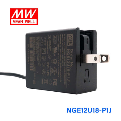 Mean Well NGE12U18-P1J AC-DC Wall-mounted Green Adaptor - US Plug - 12W 18V 0.83A