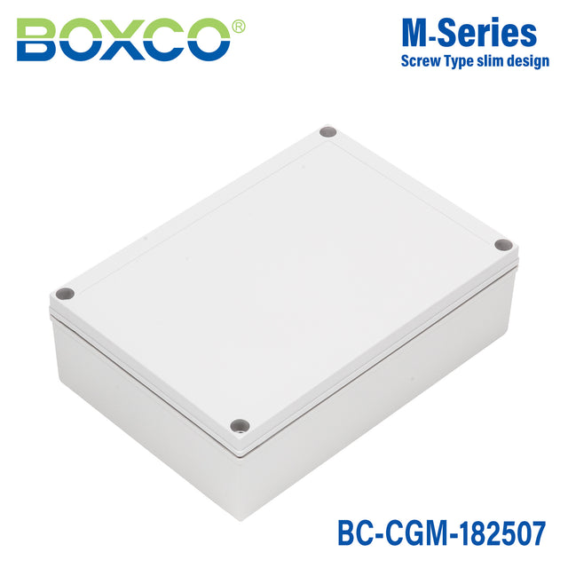 Boxco M-Series 7.09 x 10.04 x 2.95 Inches(180 x 255 x 75mm) Plastic Enclosure, IP67, IK08, PC, Grey Cover, Screw Type