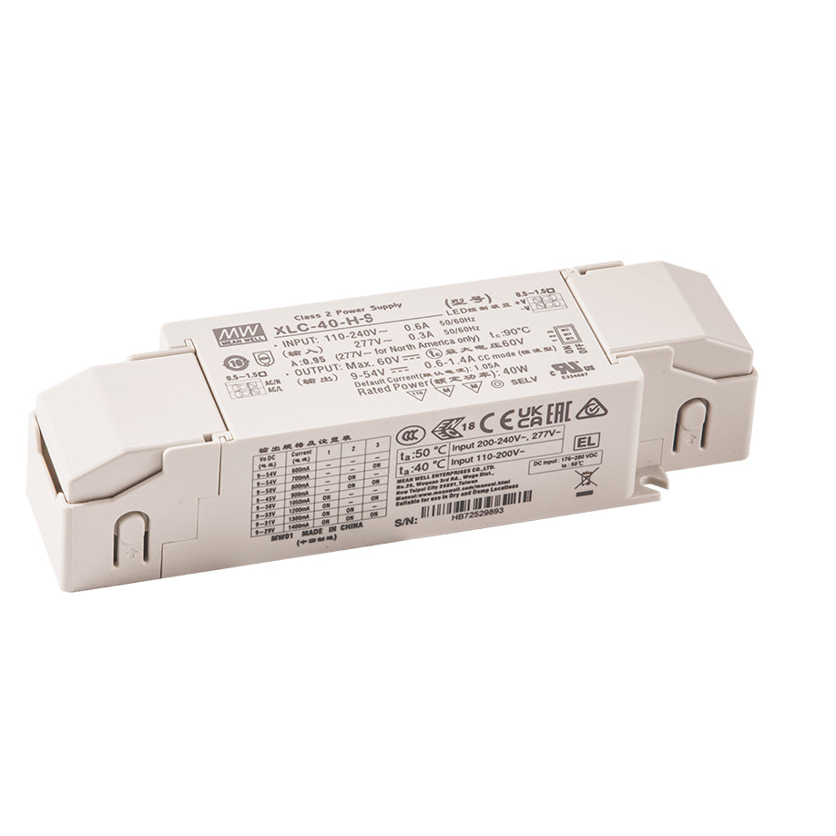 Mean Well XLC-40-H-DA2S LED Driver 40W 1050mA 9~54V Constant Power, DALI2 + Push Dimming with Strain-relief, Current Setting by Dip Switch