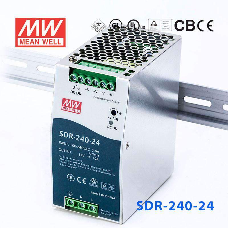 Mean Well SDR-240-24 Single Output Industrial Power Supply 240W 24V 10A - DIN Rail