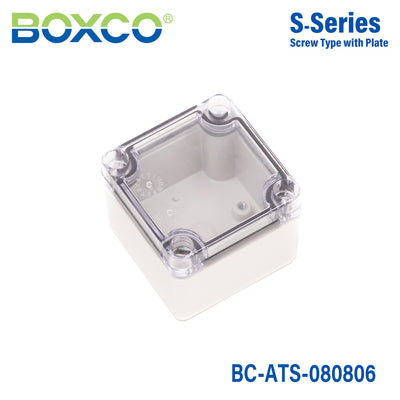 Boxco S-Series 3.15 x 3.15 x 2.36 Inches(80x80x60mm) Plastic Enclosure, IP67, IK08, ABS, Transparent Cover, Screw Type