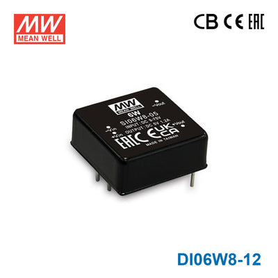Mean Well DI06W8-12 8:1 Ultra-Wide Input DC-DC Regulated Converter, Dual Output 6W ±12V 250mA