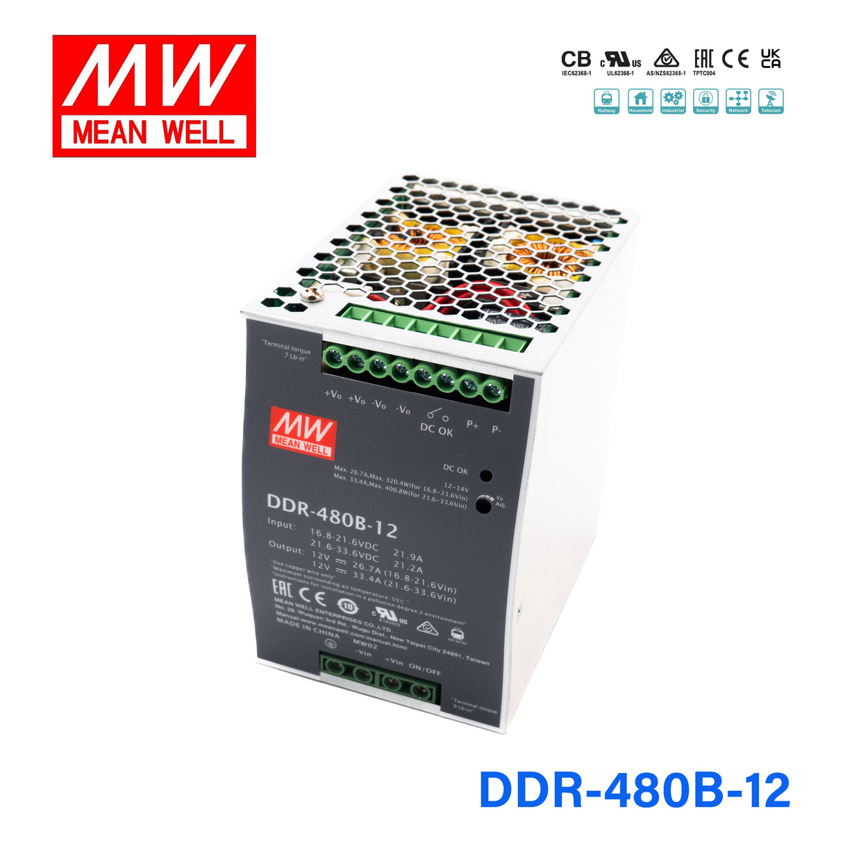 Mean Well DDR-480B-12 DC-DC Converter - 400.8W - 16.8~33.6V in 12V out 33.4A