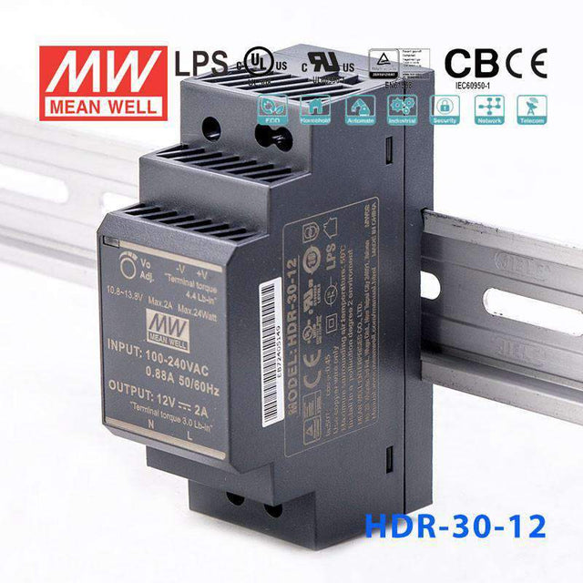 Mean Well HDR-30-12 Ultra Slim Step Shape Power Supply 30W 12V 2A - DIN Rail