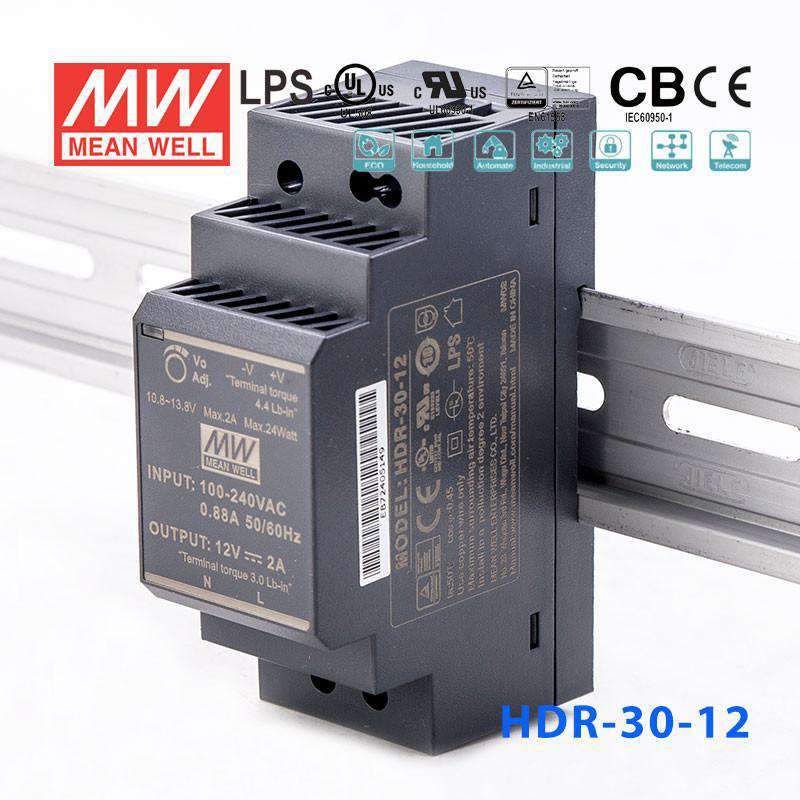 Mean Well HDR-30-12 Ultra Slim Step Shape Power Supply 30W 12V 2A - DIN Rail