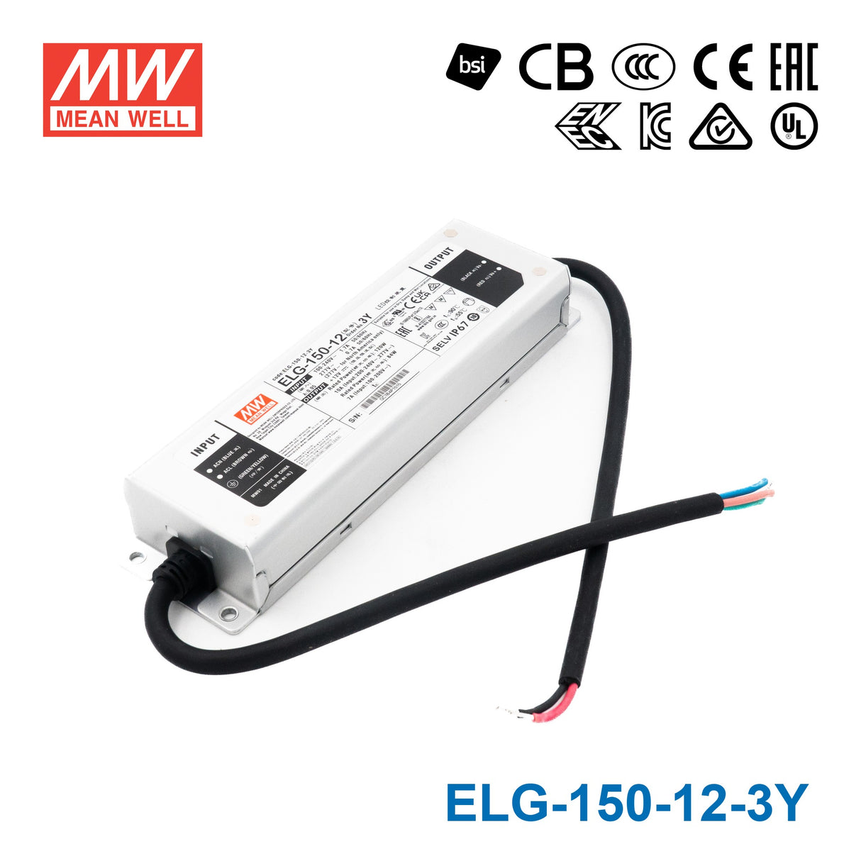 Mean Well ELG-150-12-3Y Power Supply 120W 12V 10A — 3-Wire Input (with Earth)