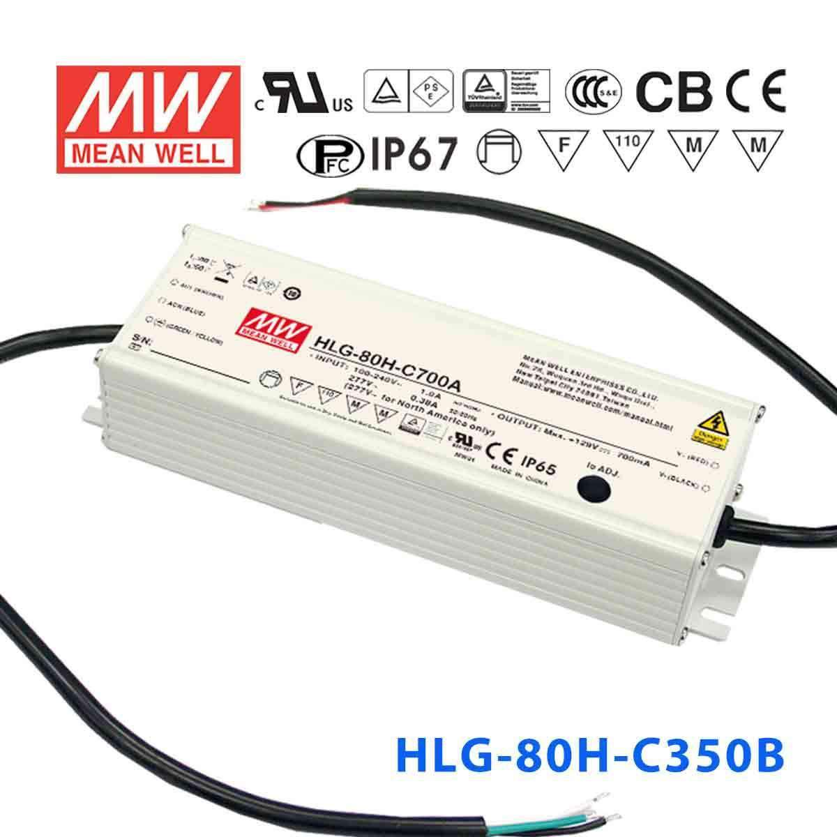 Mean Well HLG-80H-C350B Power Supply 89.95W 350mA - Dimmable
