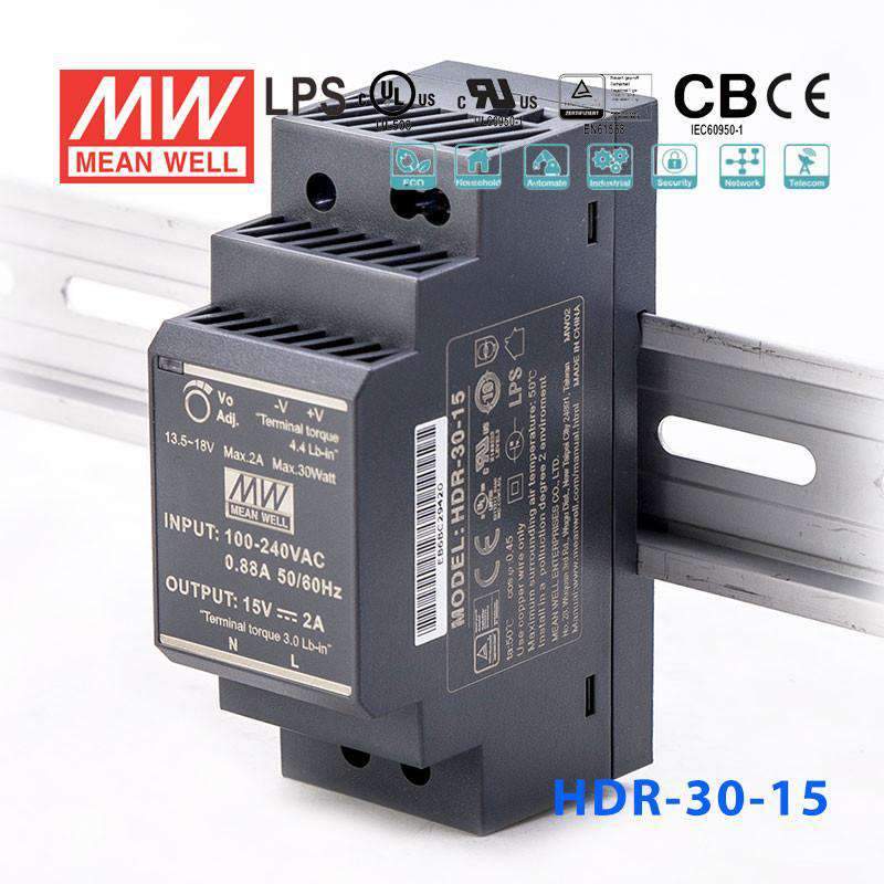 Mean Well HDR-30-15 Ultra Slim Step Shape Power Supply 30W 15V 2A - DIN Rail