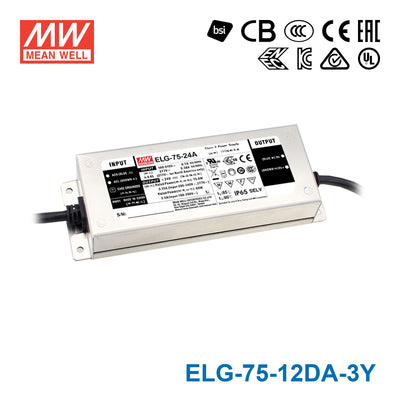 Mean Well ELG-75-12DA-3Y Power Supply 60W 12V - DALI 5A — 3-Wire Input (with Earth)