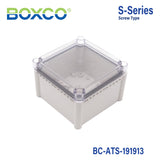 Boxco S-Series 7.48 x 7.48 x 5.12 Inches(190x190x130mm) Plastic Enclosure, IP67, IK08, ABS, Transparent Cover, Screw Type