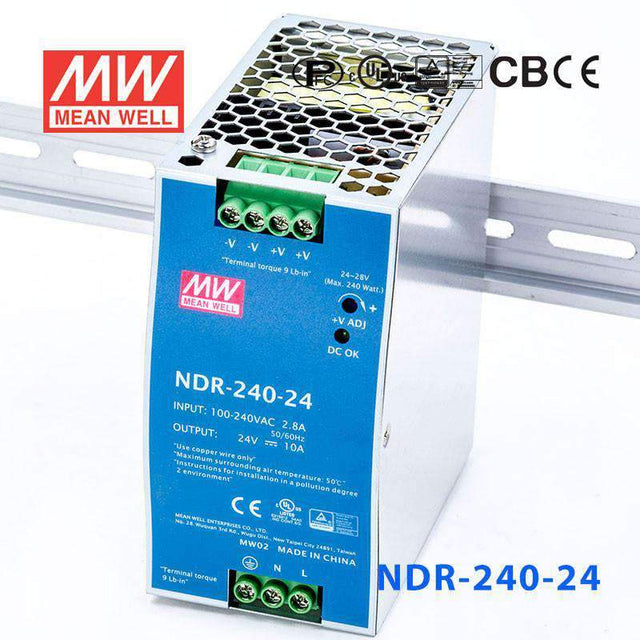 Mean Well NDR-240-24 Single Output Industrial Power Supply 240W 24V 10A - DIN Rail