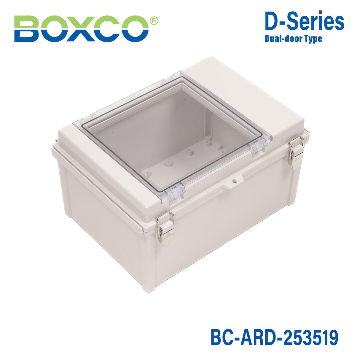 Boxco D - Series 13.78 x 9.84 x 7.48 Inches(350 x 250 x 190mm) All In One Dual Door Box Enclosure, IP67, IK08, ABS, Grey Cover - BC-ARD-253519 - powersupplymall.com