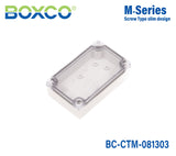 Boxco M - Series 3.15 x 5.12 x 1.38 Inches(80 x 130 x 35mm) Plastic Enclosure, IP67, IK08, PC, Transparent Cover, Screw Type - BC-CTM-081303 - powersupplymall.com