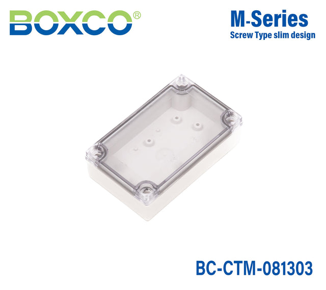 Boxco M - Series 3.15 x 5.12 x 1.38 Inches(80 x 130 x 35mm) Plastic Enclosure, IP67, IK08, PC, Transparent Cover, Screw Type - BC-CTM-081303 - powersupplymall.com