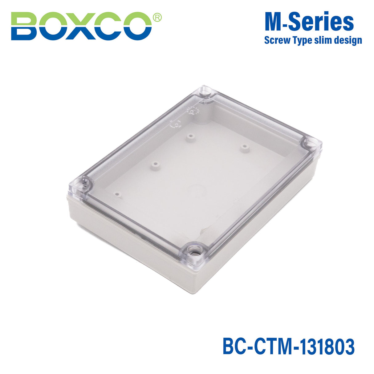 Boxco M - Series 5.12 x 7.09 x 1.38 Inches(130 x 180 x 35mm) Plastic Enclosure, IP67, IK08, PC, Transparent Cover, Screw Type - BC-CTM-131803 - powersupplymall.com