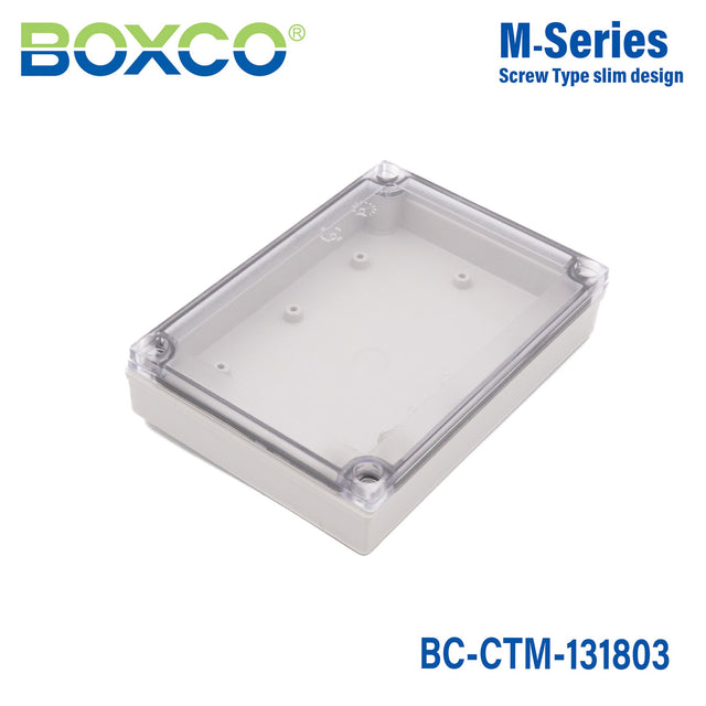 Boxco M - Series 5.12 x 7.09 x 1.38 Inches(130 x 180 x 35mm) Plastic Enclosure, IP67, IK08, PC, Transparent Cover, Screw Type - BC-CTM-131803 - powersupplymall.com