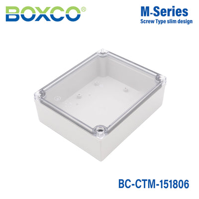 Boxco M-Series 5.91 x 7.09 x 2.36 Inches(150 x 180 x 60mm) Plastic Enclosure, IP67, IK08, PC, Transparent Cover, Screw Type