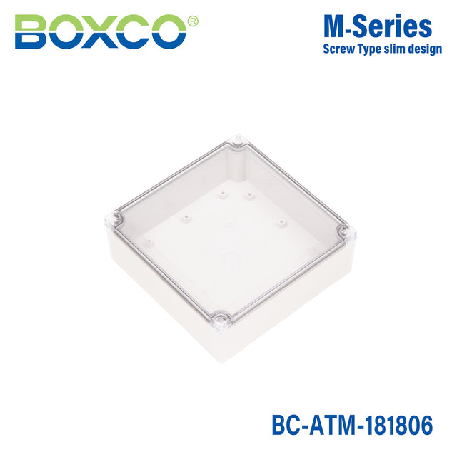Boxco M - Series 7.09 x 7.09 x 2.36 Inches(180 x 180 x 60mm) Plastic Enclosure, IP67, IK08, ABS, Transparent Cover, Screw Type - BC-ATM-181806 - powersupplymall.com