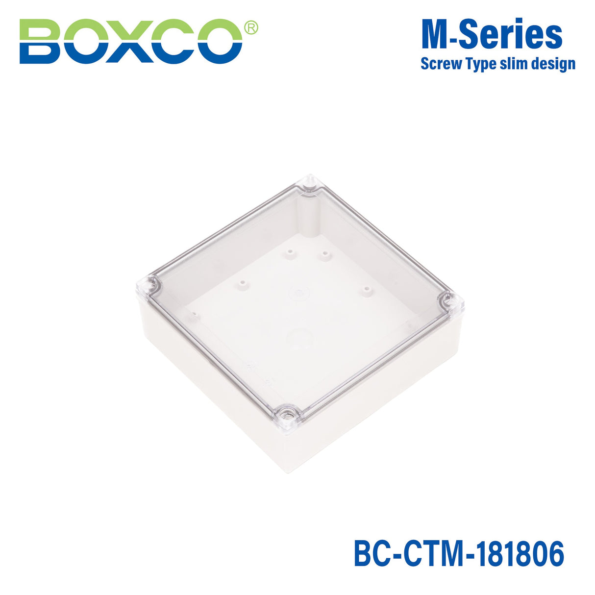 Boxco M - Series 7.09 x 7.09 x 2.36 Inches(180 x 180 x 60mm) Plastic Enclosure, IP67, IK08, PC, Transparent Cover, Screw Type - BC - CTM - 181806 - powersupplymall.com