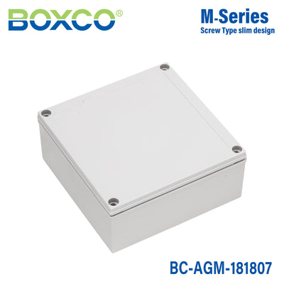 Boxco M-Series 7.09 x 7.09 x 2.95 Inches(180 x 180 x 75mm) Plastic Enclosure, IP67, IK08, ABS, Grey Cover, Screw Type