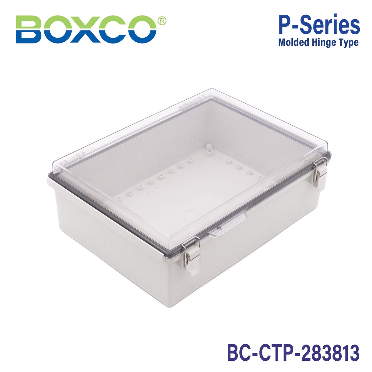 Boxco P - Series 11.02 x 14.96 x 5.12 Inches(280 x 380 x 130mm) Plastic Enclosure, IP67, IK08, PC, Transparent Cover, Molded Hinge and Latch Type - BC-CTP-283813 - powersupplymall.com
