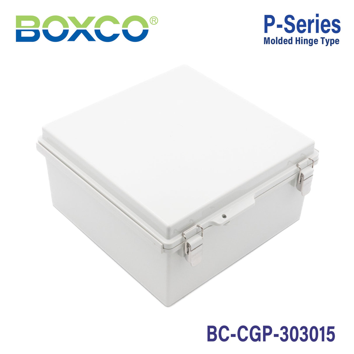 Boxco P - Series 11.81 x 11.81 x 5.91 Inches(300 x 300 x 150mm) Plastic Enclosure, IP67, IK08, PC, Grey Cover, Molded Hinge and Latch Type - BC-CGP-303015 - powersupplymall.com