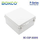 Boxco P - Series 11.81 x 11.81 x 5.91 Inches(300 x 300 x 150mm) Plastic Enclosure, IP67, IK08, PC, Grey Cover, Molded Hinge and Latch Type - BC-CGP-303015 - powersupplymall.com