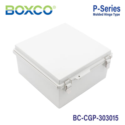 Boxco P-Series 11.81 x 11.81 x 5.91 Inches(300 x 300 x 150mm) Plastic Enclosure, IP67, IK08, PC, Grey Cover, Molded Hinge and Latch Type