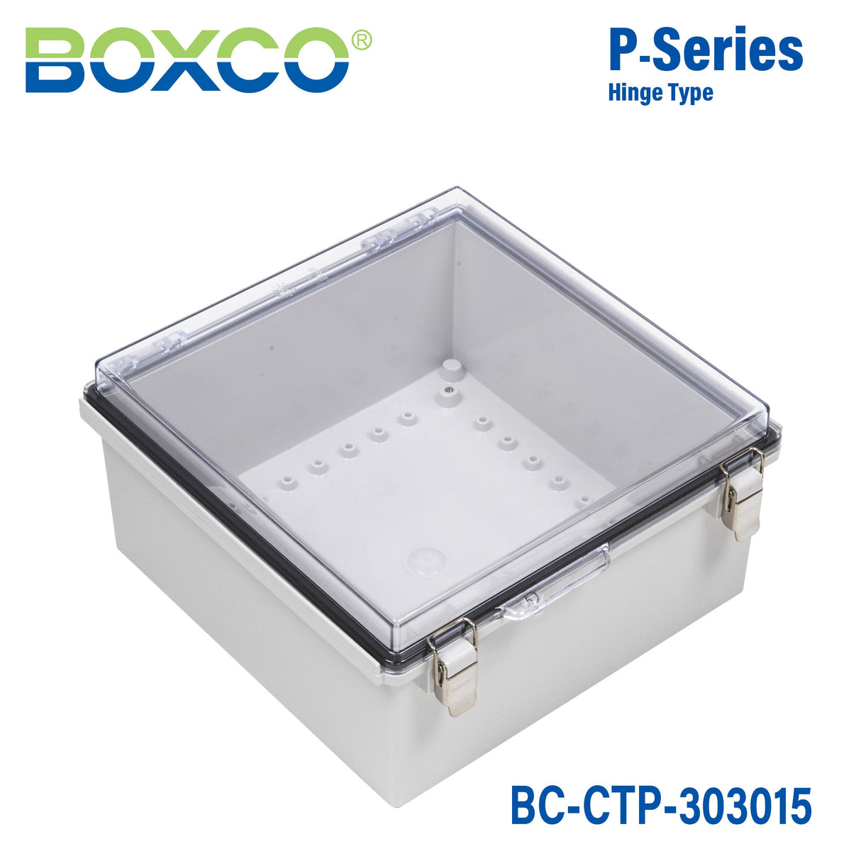 Boxco P - Series 11.81 x 11.81 x 5.91 Inches(300 x 300 x 150mm) Plastic Enclosure, IP67, IK08, PC, Transparent Cover, Molded Hinge and Latch Type - BC-CTP-303015 - powersupplymall.com