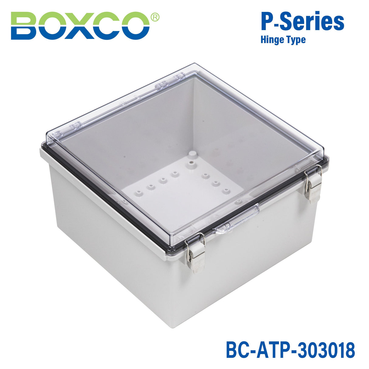 Boxco P - Series 11.81 x 11.81 x 7.09 Inches(300 x 300 x 180mm) Plastic Enclosure, IP67, IK08, ABS, Transparent Cover, Molded Hinge and Latch Type - BC-ATP-303018 - powersupplymall.com